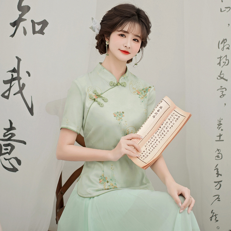 新中式春夏装国潮上衣民族风广场舞演出服改良旗袍雪纺大摆裙套装