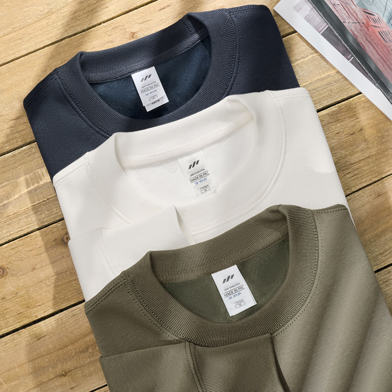 黄雀针织|秋冬日系简约纯色加绒圆领卫衣男 潮牌宽松保暖百搭上衣