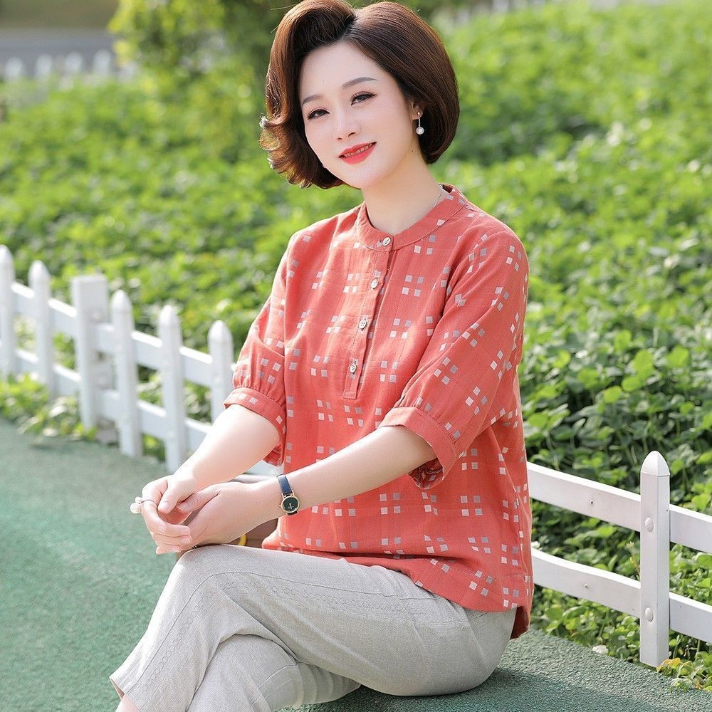 妈妈夏装时尚两件套中年女装洋气短袖t恤 中老年棉麻休闲简约套装