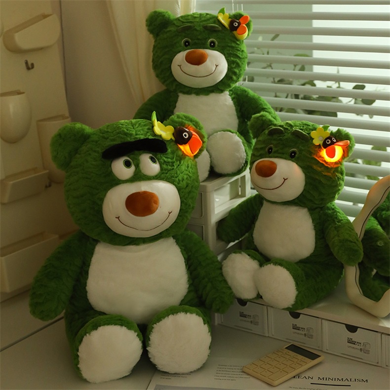 新款萤火虫亮灯泰迪熊公仔萌趣表情亲子陪伴卡通毛绒玩具绿色小熊