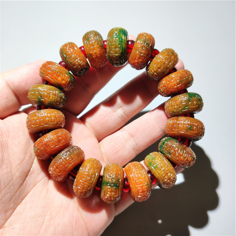 二代蜜蜡树脂回纹珠手链仿血泊鸡油黄算盘珠手链平安扣手串饰品