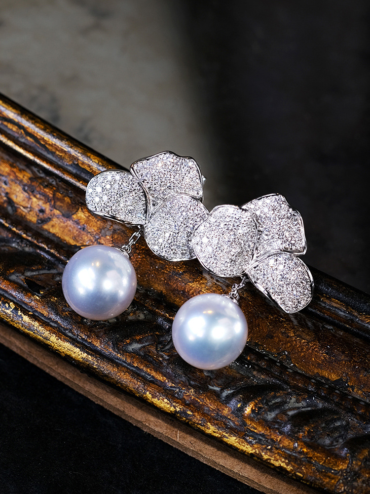 立体花瓣澳白珍珠耳环s925银天然海水珠豪华钻石群镶珠宝耳钉女