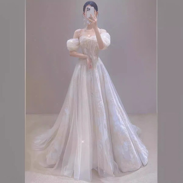 浪漫仙女敬酒服新娘订婚高端轻奢小众婚纱宴会生日一字肩晚礼服裙