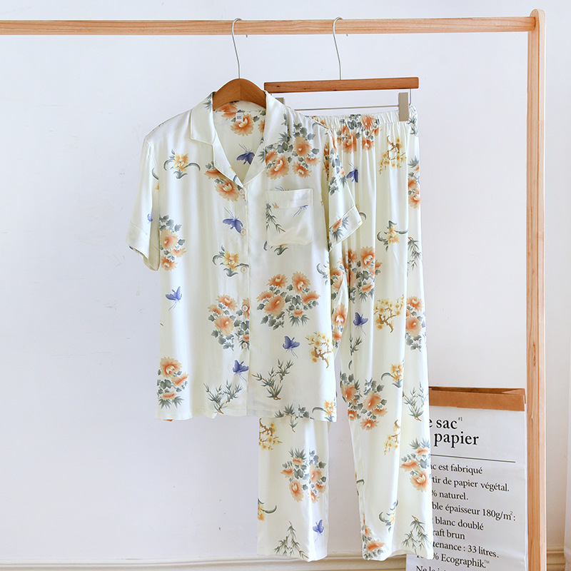 Spring and Summer New Satin Floral Printed Homewear Short-Sleeved Trousers Pajamas Suit Rayon Satin