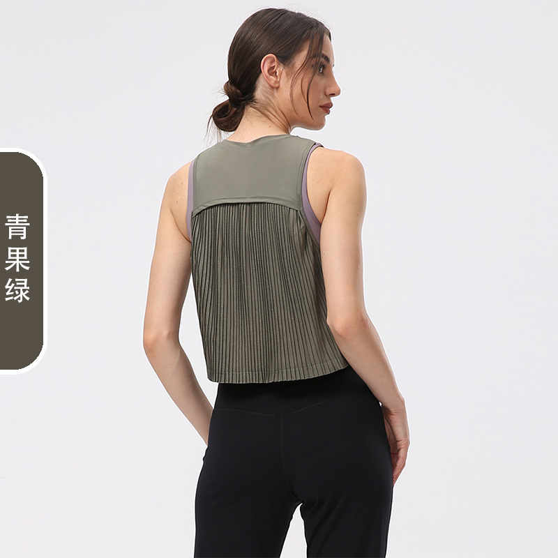 Yoga Blouse Women's Loose Quick-Drying Summer Thin Pleated Wrinkle Workout Clothes Tops Outerwear Sleeveless Sports Vest