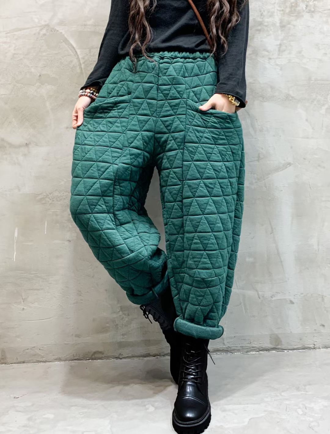 2021冬季新款泡泡格棉裤女冬季新款加厚松紧腰宽松长裤纯色休闲裤