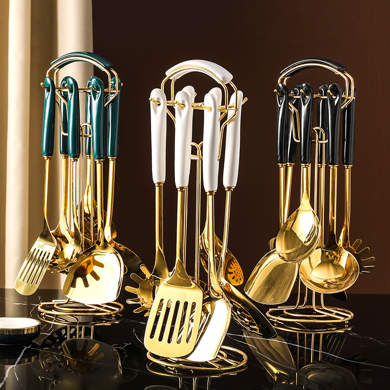 轻奢不锈钢锅铲汤勺漏勺套装炒菜铲子厨房置物架家用厨具用品全套