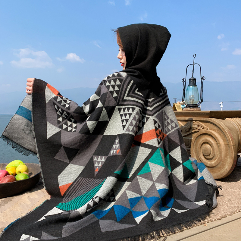 Travel Scarf Dual-Use Tassel Edge Ethnic Style Summer Air-Conditioned Room Hoodie Cloak Triangle Combination Cashmere Shawl