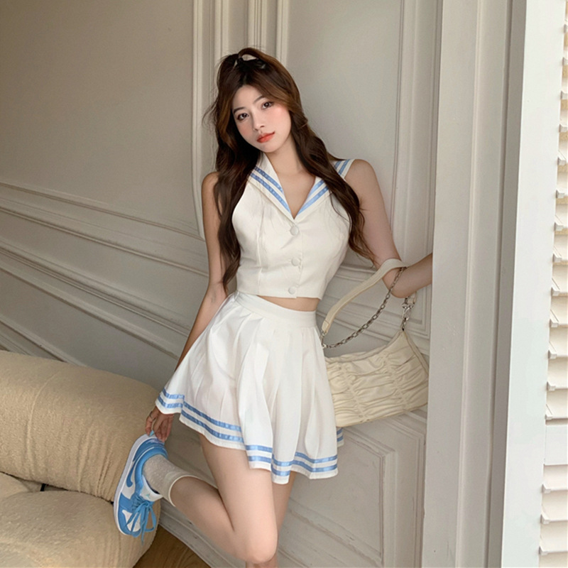 露背性感海军领上衣jk套装女夏季学院风高腰百褶短裙水手服两件套