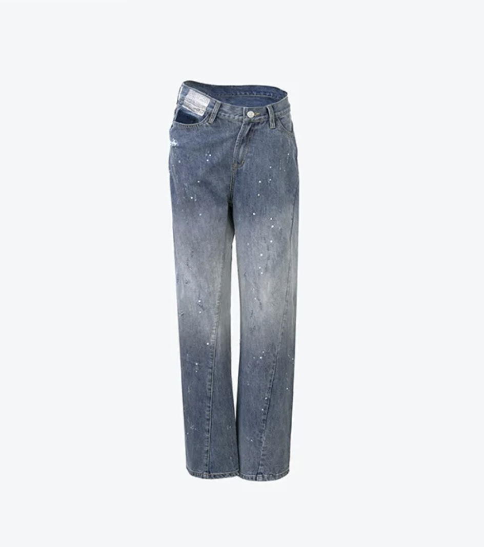 Rhinestone Starry Twisted Jeans Gender-Free Men's and Women's Same Lazy Casual Straight Loose Denim Trousers