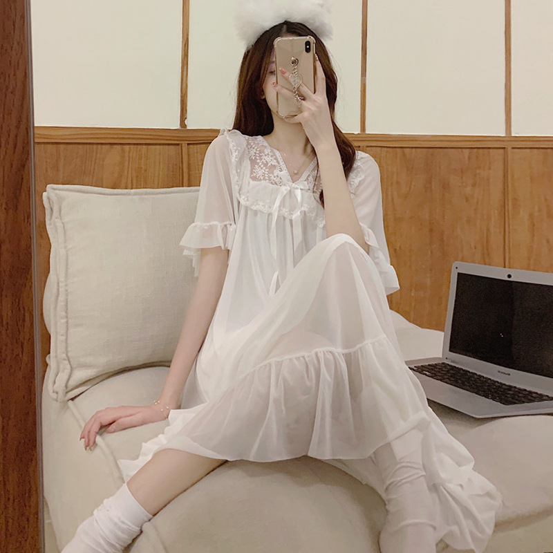 大码仙气连衣裙胖mm公主风白色睡裙女夏季薄款睡衣202新款家居服