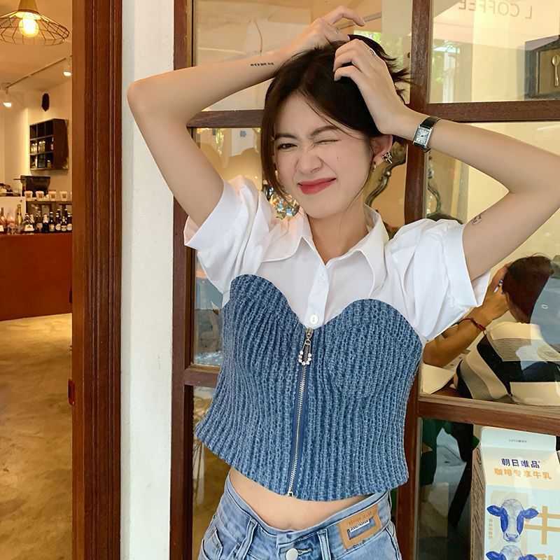 牛仔拼接衬衫女设计感小众春夏2024新款法式复古修身显瘦短袖上衣