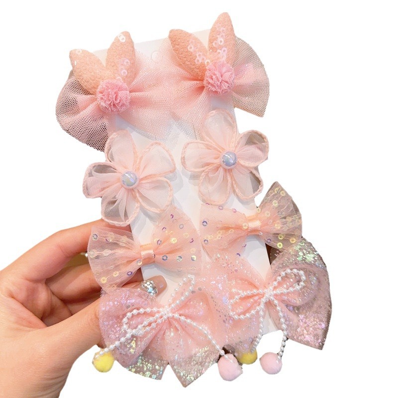 Children's Bow Flower Hairpin Headdress Baby Fabric Lace Bang Clip Girl Princess Does Not Hurt Hair a Pair of Hairclips