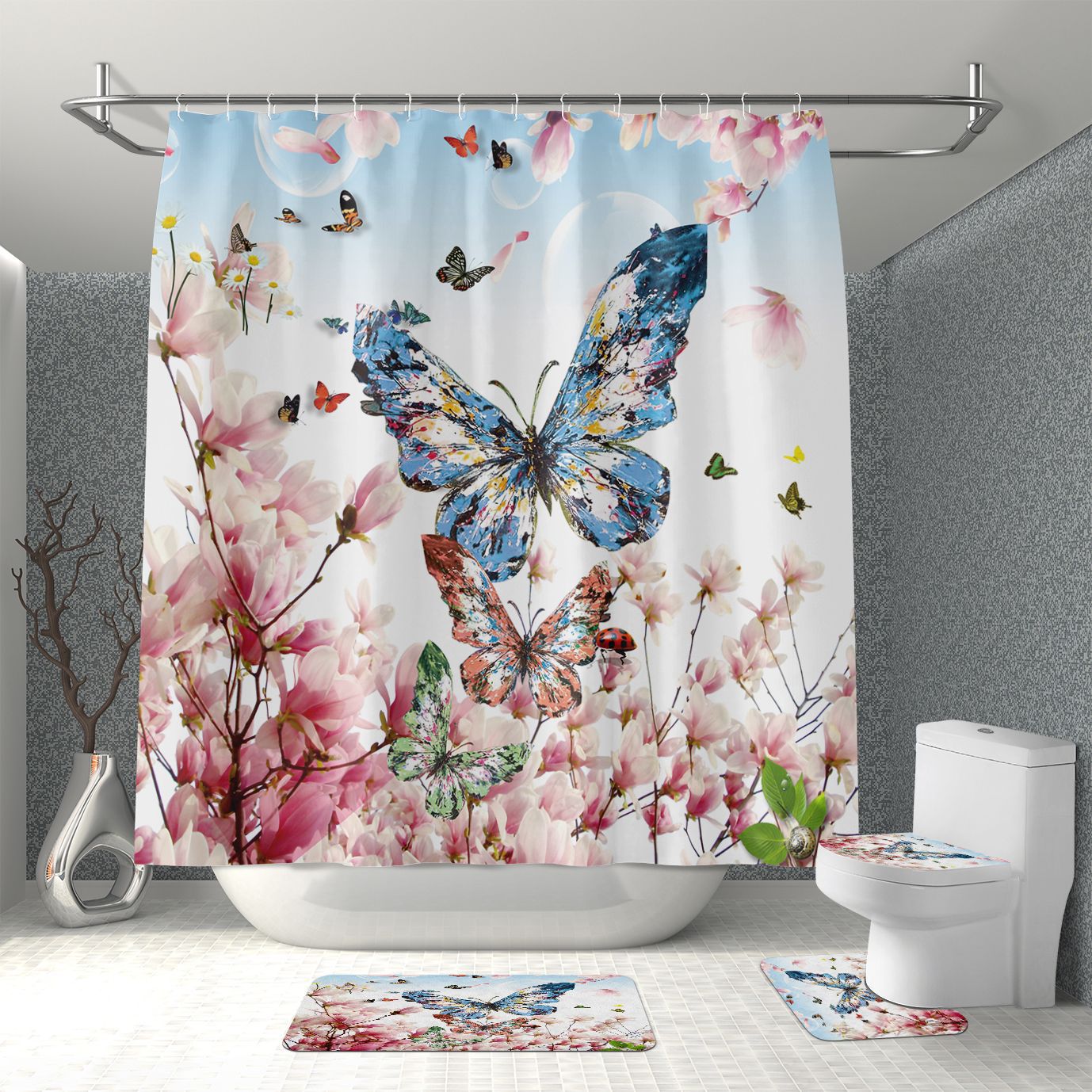 Source Manufacturer Amazon Cross-Border Hot Sale Waterproof and Mildew-Proof Polyester Bathroom Butterfly Shower Curtain Floor Mat Four-Piece Set