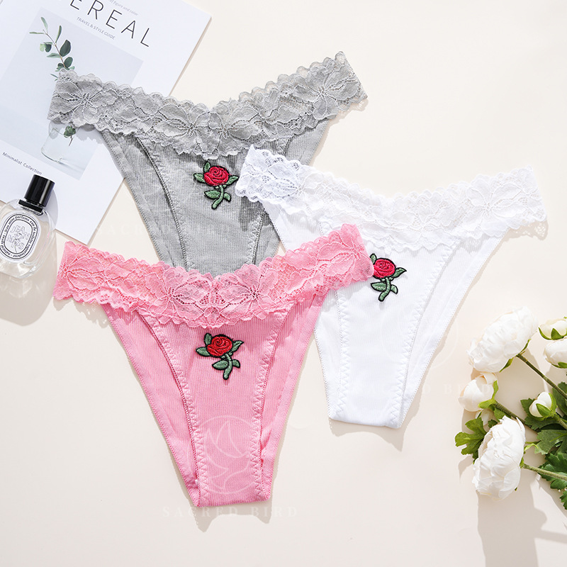 French Sexy Lace Rib Stitching plus Size Underwear Exquisite Embroidered Low Waist Pure Cotton Crotch Breathable Women's Briefs