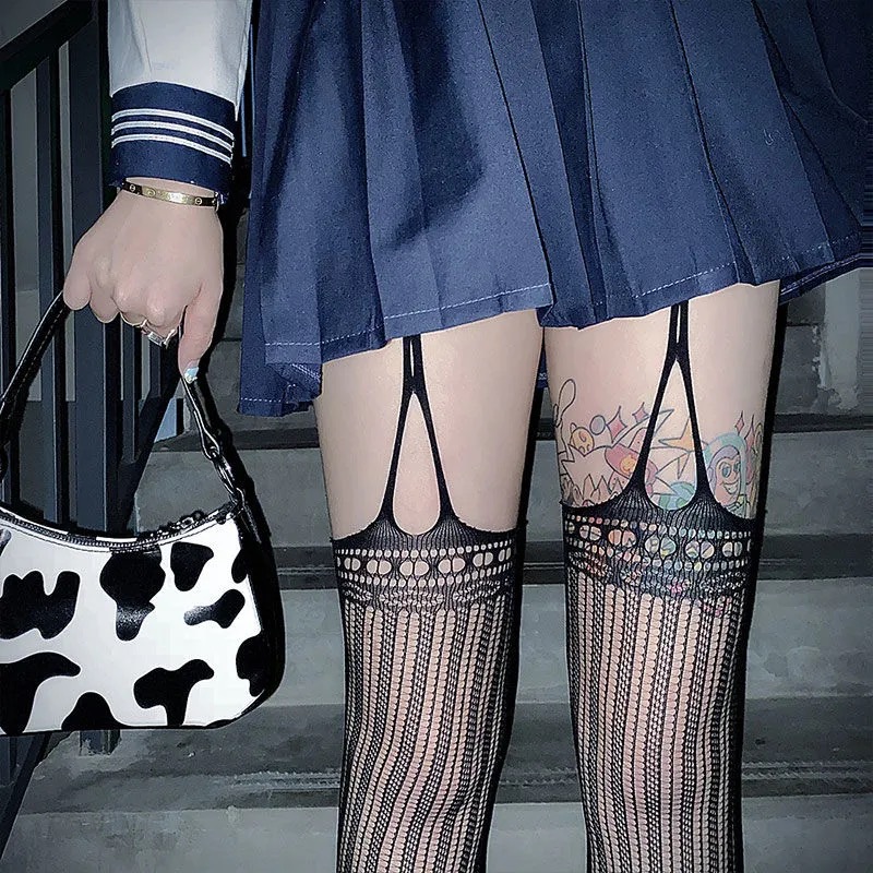 黑色性感渔网袜日系欧美ins过膝丝袜女假吊带蕾丝jk连裤袜薄批发
