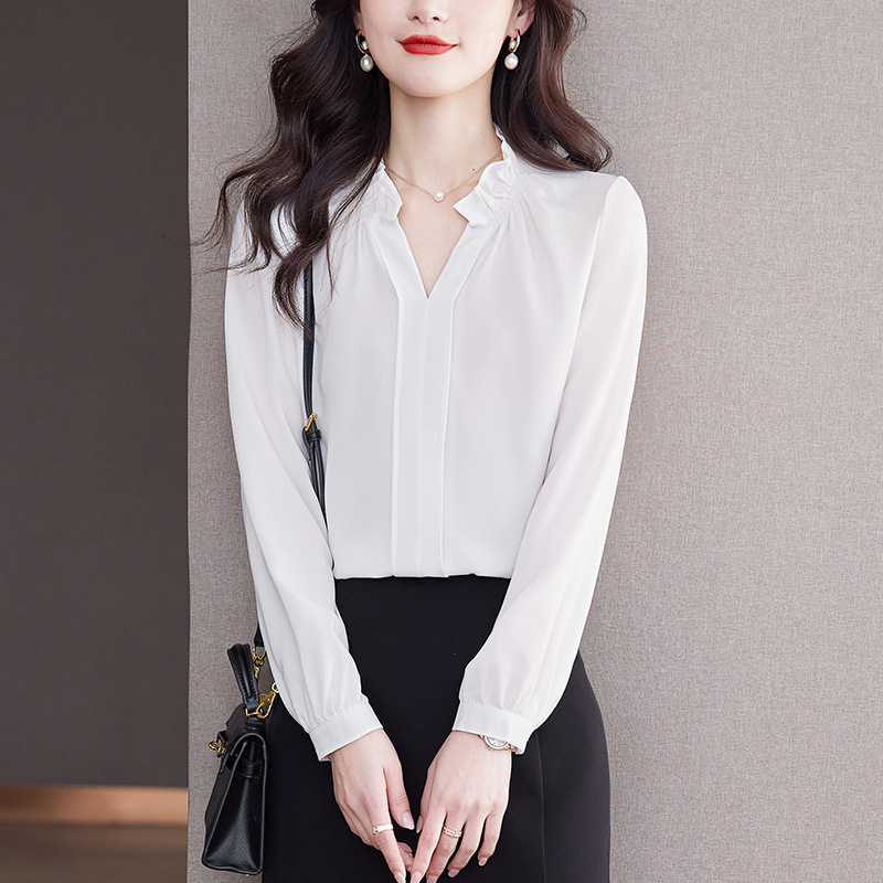 春季新款白衬衫女职业蓝色长袖雪纺面试正装衬衣工作服宽松上衣夏