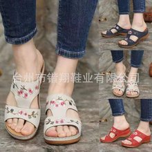 2021夏季新款亚马逊外贸女鞋镂空花朵刺绣凉鞋坡跟大码女式拖鞋