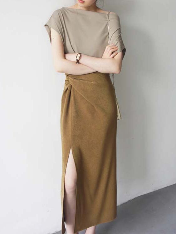 2023 Mustard Matte Texture Cross Design High Waist Side Slit over-the-Knee Skirt Fashionable Women's Bottoms