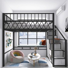 北欧多功能省空间高架床公寓复式单上层小户型铁艺高低床楼阁床