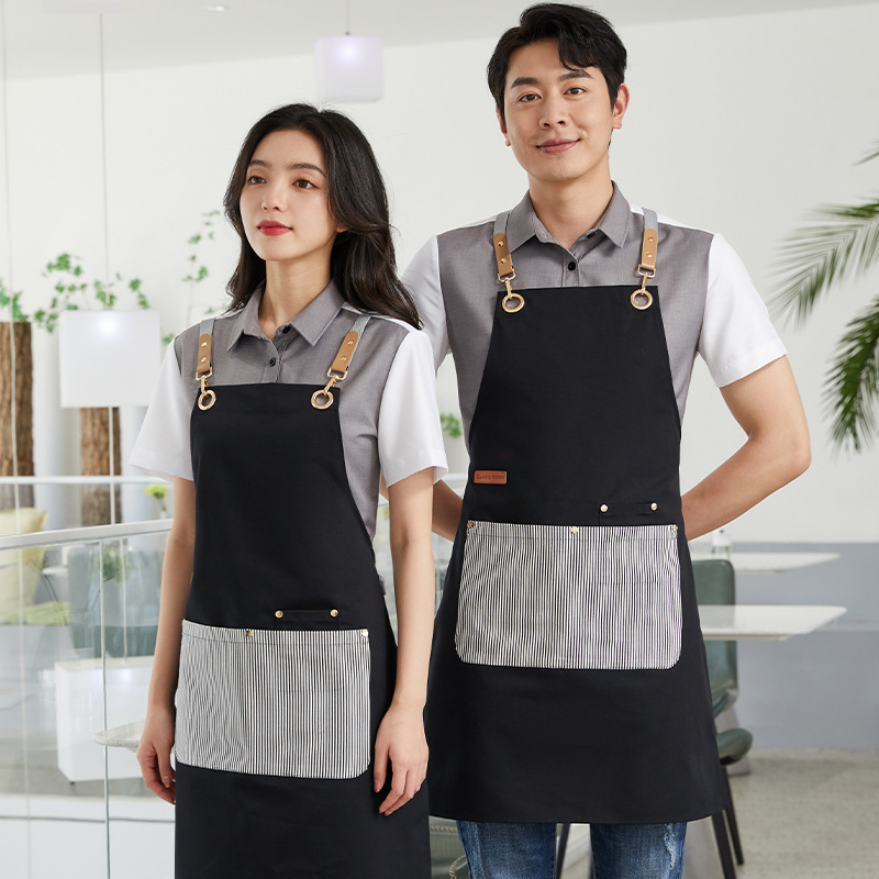 new korean style apron work clothes printed logo polyester-cotton canvas color matching apron milk tea and coffee hotel work wear women