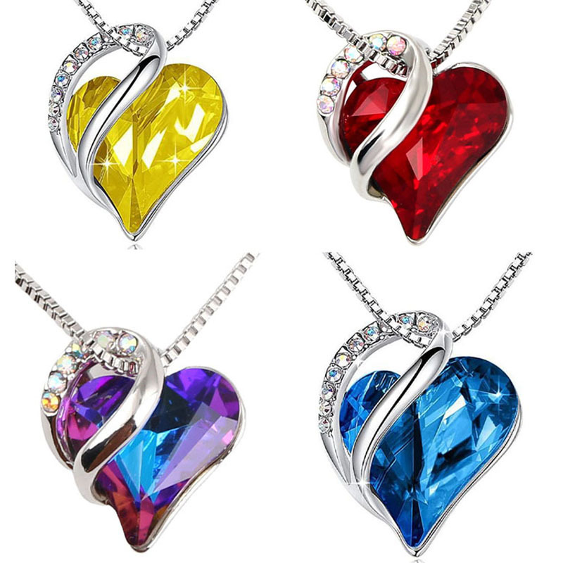 水晶海洋之心项链女十二月份诞生石吊坠亚马逊欧美新款心形锁骨链