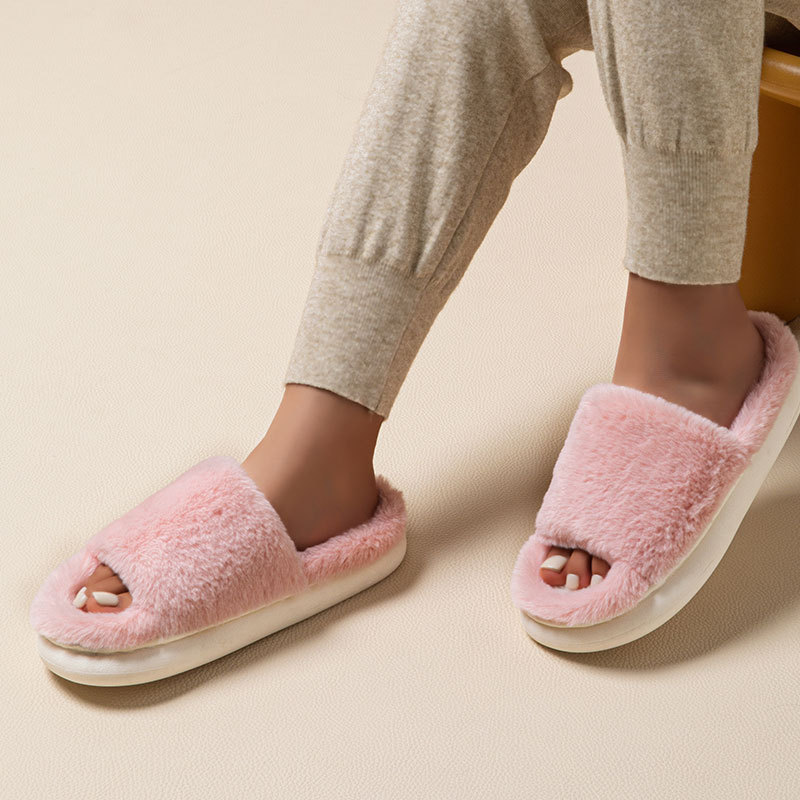 2024 new cross-border solid color rabbit fur open slippers home non-slip simple fashionable warm fluffy slippers