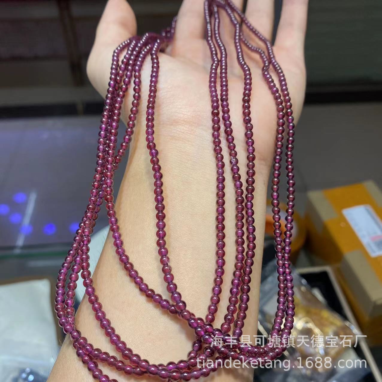 天然印度紫牙乌石榴石三圈手链小米珠3mm 特级货晶体通透干净无黑
