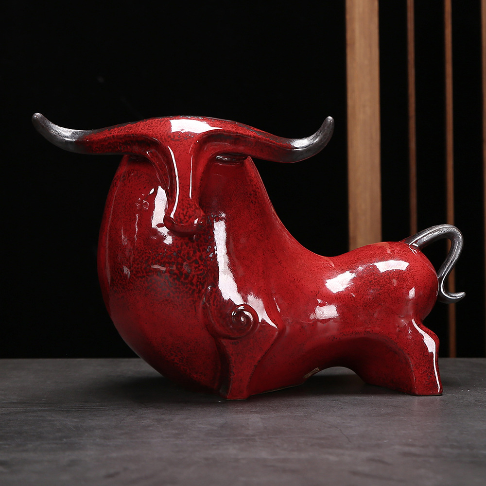 瓷语颠 德化陶瓷家用客厅办公摆件印象牛装饰工艺品年开业礼品