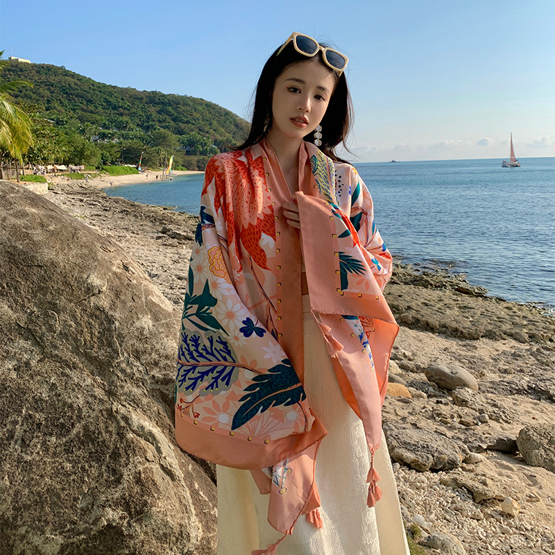 Chinese Retro Ethnic Style Flower Spring and Summer Imitation Cotton and Linen Feel Silk Scarf Women's Outer Shawl Travel Sun Protection Windproof