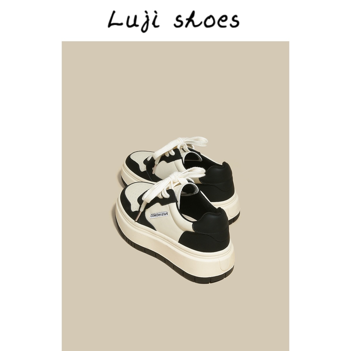 Luji Genuine Leather Panda Sneakers for Women 2023 Spring New Ins Internet Celebrity Student Casual All-Matching Platform White Shoes