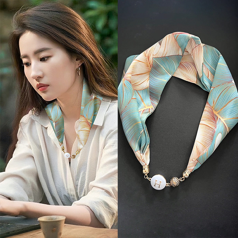 Magnetic Snap Silk Scarf Necklace Neck Accessories Lazy Scarf Multi-Functional Scarf High-Grade Lazy Wrist Strap Scarf Hair Band