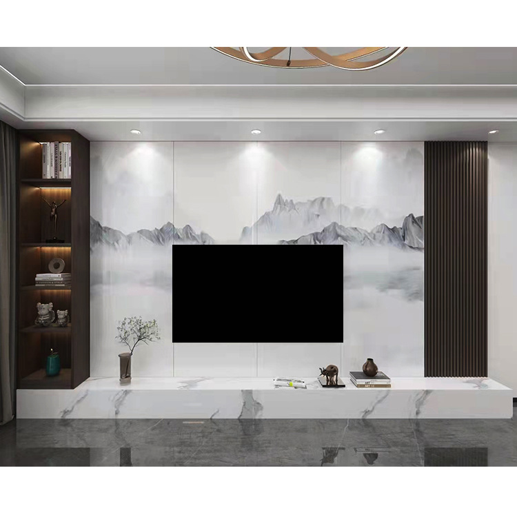 石材岩板电视背景墙瓷砖客厅内凹轻奢大理石木格栅嵌入式影视装饰