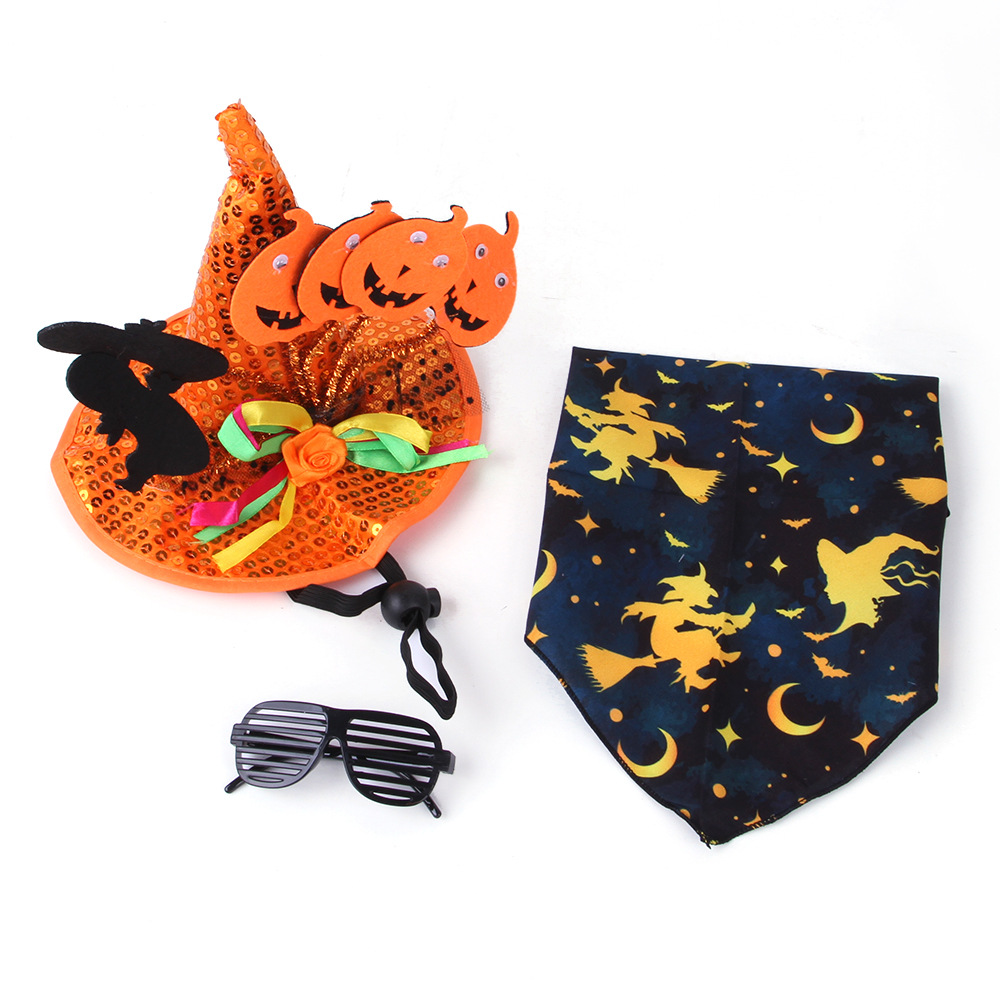 Summary Pet Halloween Suit Cat Funny Hat Triangular Binder Pumpkin Dog Funny Headdress Set