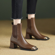 欧美风金属方头短靴秋冬新款毛线口瘦瘦马丁靴粗跟高跟小皮鞋