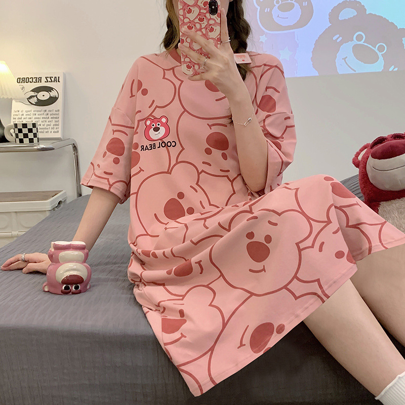 2023 New Pajamas Women's Summer Short-Sleeved Dress Cotton Sweet Girl Mid-Length Nightdress Cartoon Home Wear