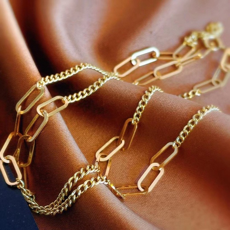 18k金古巴链项链双环链ins锁骨链显粗侧身链拼接项链au750黄金链