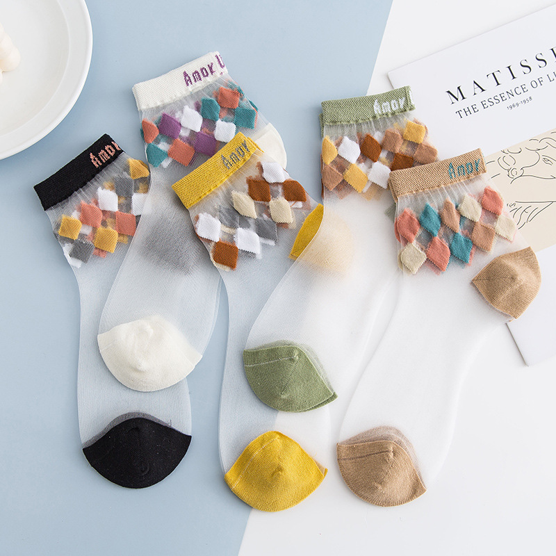 袜子女夏季新款糖果色菱形水晶袜透明玻璃丝袜ins潮可爱短袜批发