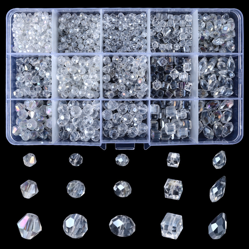 Cross-Border New Product 15 Grid Electroplating AB Crystal Beads Set Ball Rhombus Bead Square Beads DIY Ornament Accessories