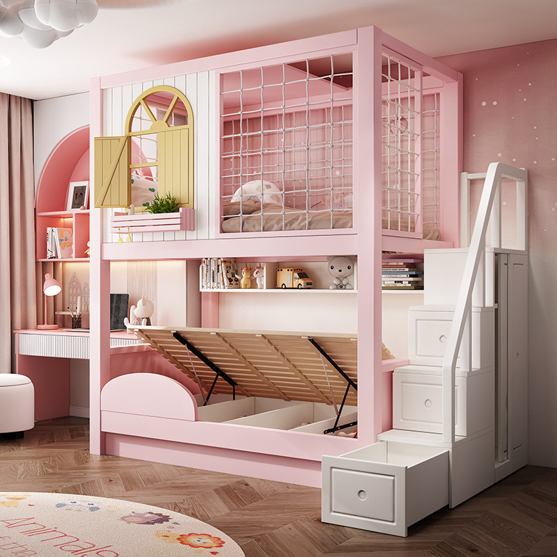 批发可全实木两层儿童上下床女孩上下铺木床双层高低床公主子母床