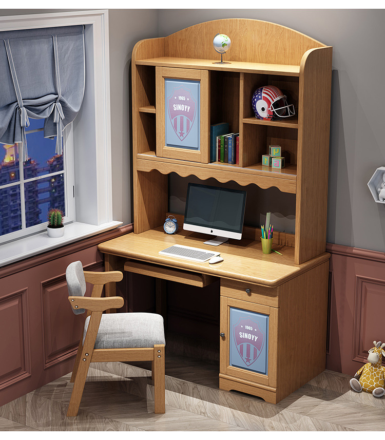 现代简约实木儿童写字桌直角书桌书柜一体家用学生直排电脑桌批发