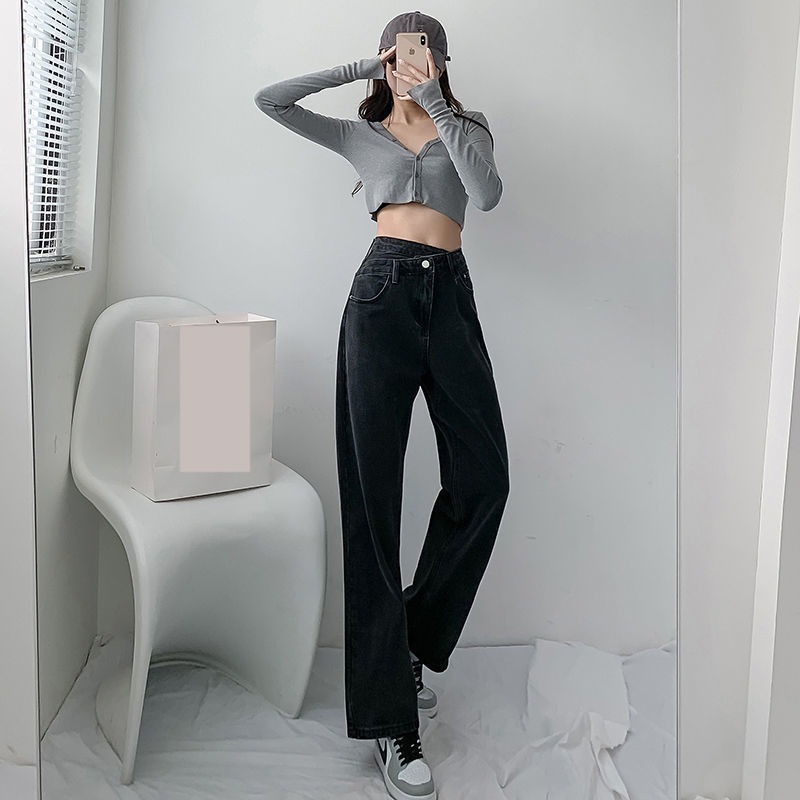   European and American Design Jeans Women's Fashionable Ins Autumn New High Waist oose Straight Slimming Drape Wide eg Mop Pants
