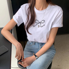 韩国代购女装 新款短款露脐短袖T恤女 韩版休闲蝴蝶结刺绣女式T恤