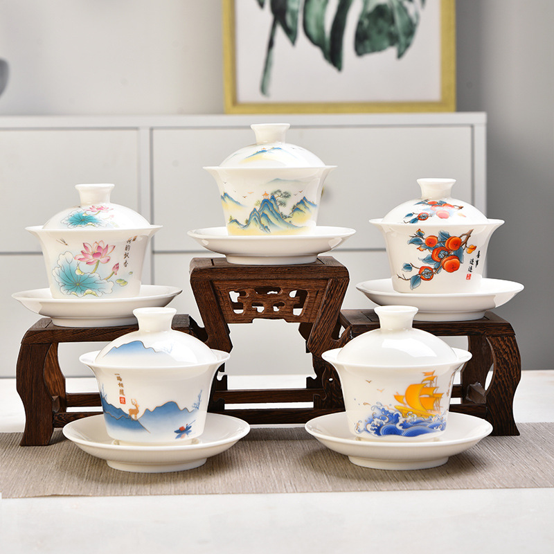 羊脂玉陶瓷白瓷盖碗三才敬茶碗杯三件套功夫茶杯斗茶茶礼批发logo