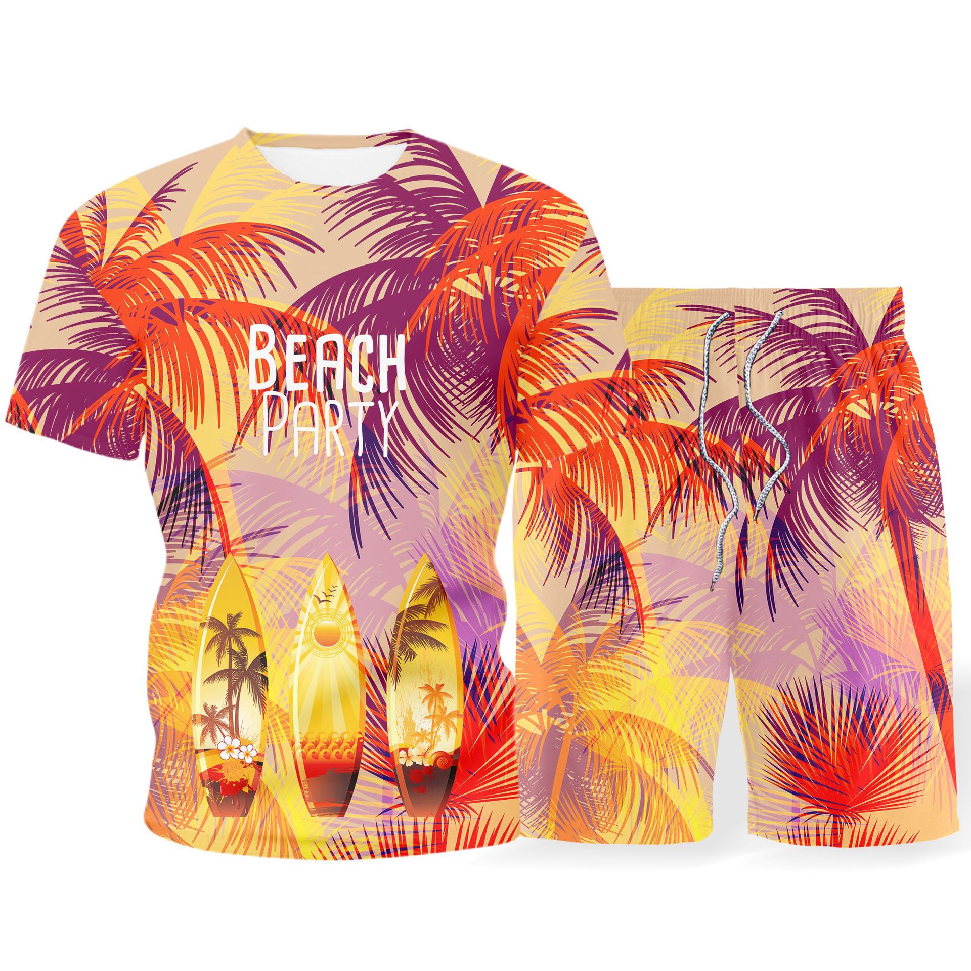 2021夏日落夏威夷度假椰子树花短袖套装3dt恤沙滩裤套装男装批发