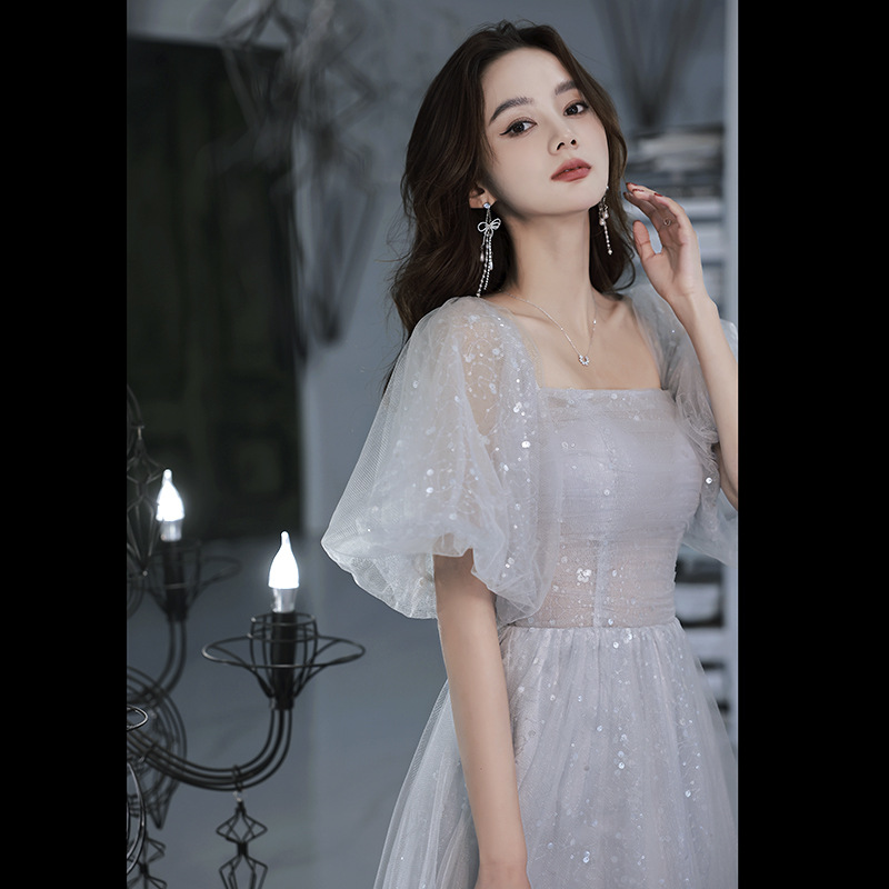 艺考晚礼服女2022新款春季气质灰色仙气网纱连衣裙长款宴会礼服裙