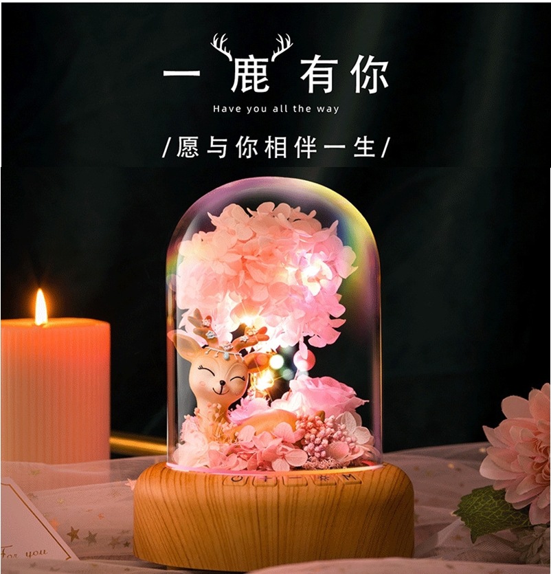 跨境许愿流光瓶情人节礼品浪漫氛围一鹿有你永生花蓝牙音箱小夜灯