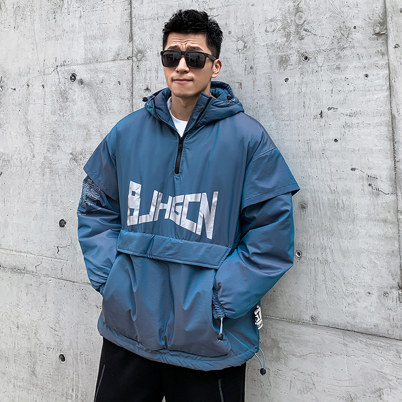 冬季假两件套头羽绒服男ins国潮宽松加厚羽绒卫衣情侣半拉链外套