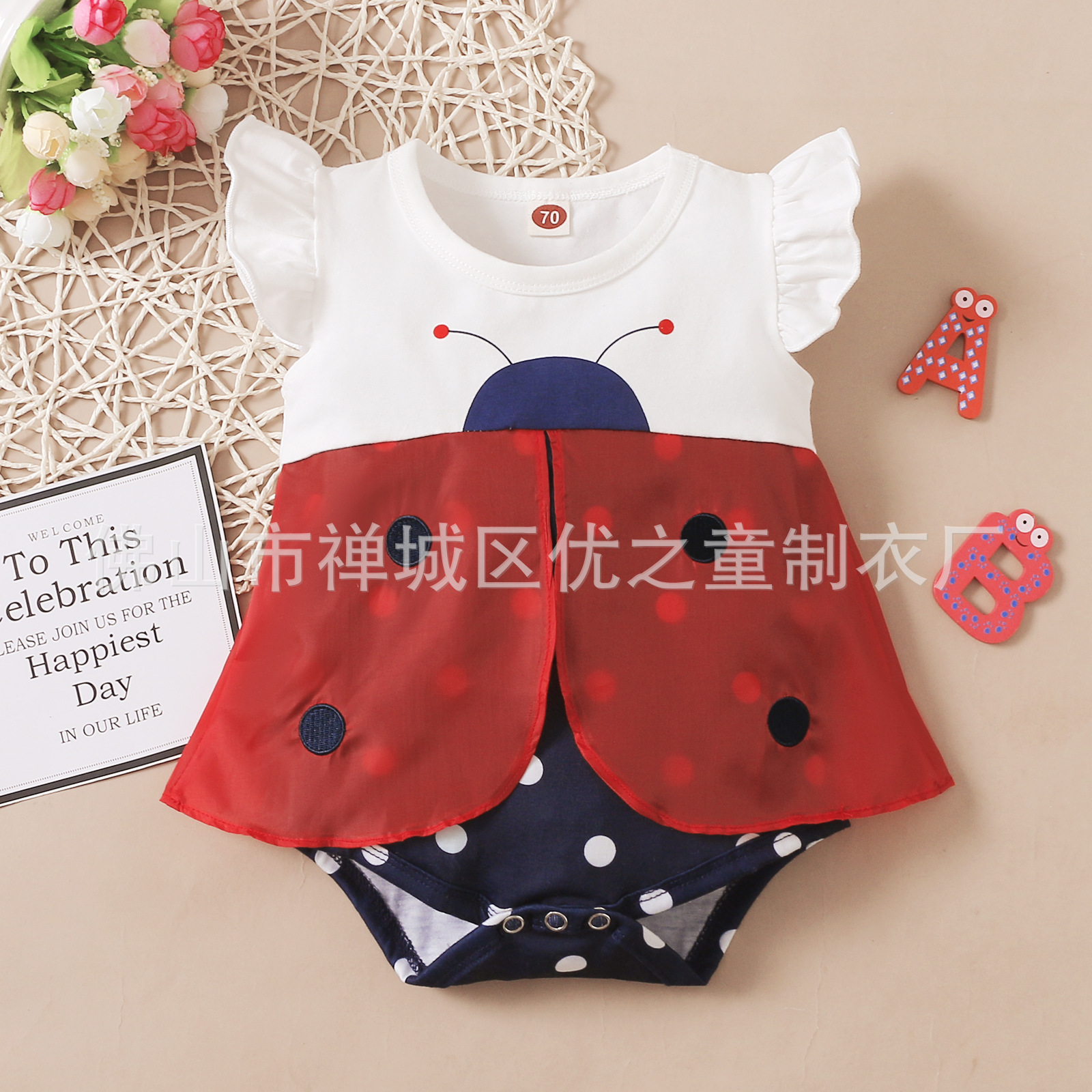 跨境亚马逊外贸热卖新款七星瓢虫波点飞袖三角哈衣现货工厂批发