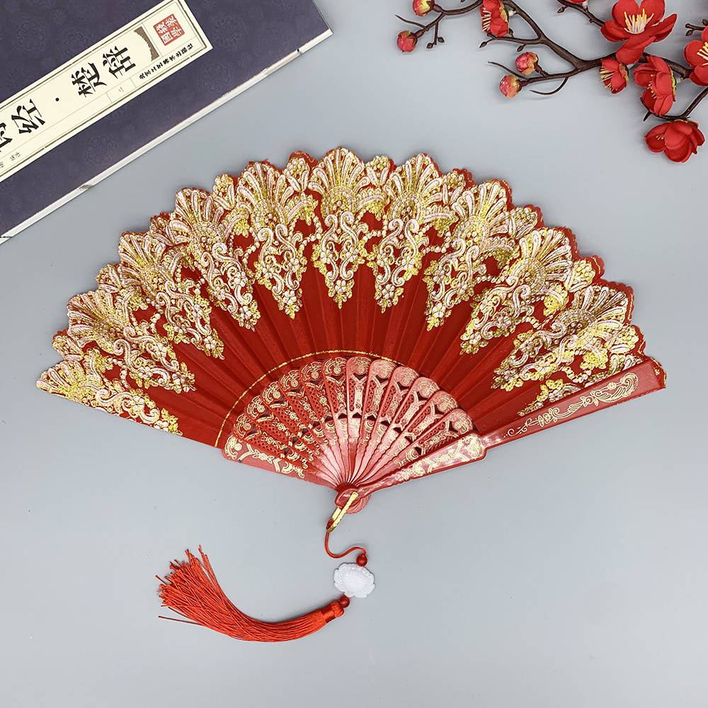 Chinese Auspicious Cloud Pattern Archaic Folding Fan Plastic Dance Chinese Style Folding Fan Factory Direct Sales